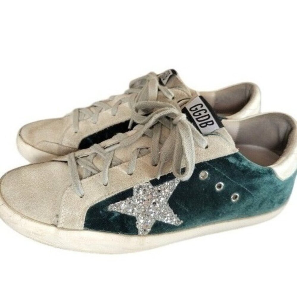 Golden Goose Superstar Suede Green Velvet Glitter Low-Top Sneakers Size 9